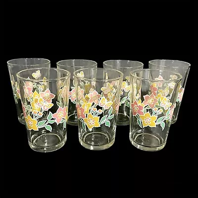 Vintage 1980s Set Of 7 Morning Star Fruit Juice Glasses Flowers Butterfly Punch • $50.25