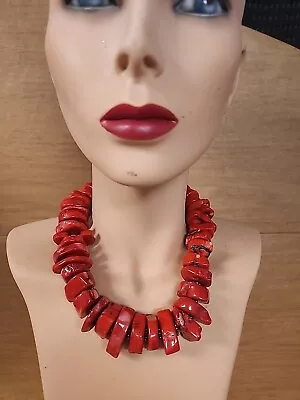 Vintage Beaded Chunky Red Coral Necklace 18.5  Sterling Clasp & Beads Choker • $284.75