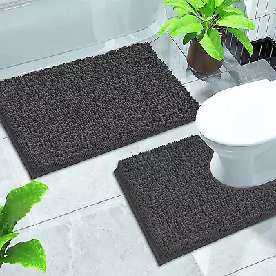 Bath Mat Set U Shape Toilet Rug Fleece Softness Bathroom Carpet 2 Pieces Grey • $16.65