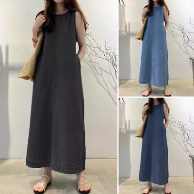 UK Women Denim Jeans Long Shirt Dress Casual Baggy Sleeveless Dresses Sundress • £22.79