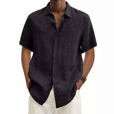 Men Linen Style Short Sleeve Shirts Beach Casual Button Down Formal Dress Shirt • $15.19