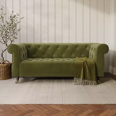 Green Velvet Sofa 3 Seater Chesterfield With Scroll Arms Dark Wood Gold Legs • £689.92