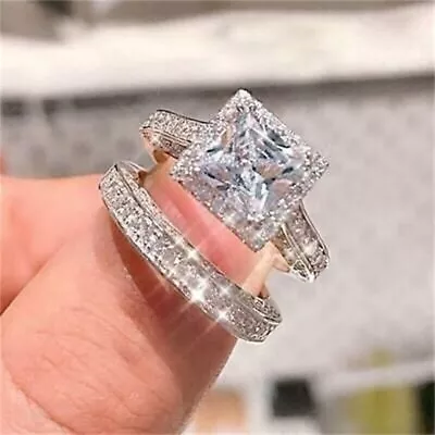 3CT Princess DEF Moissanite Matching Wedding Band Ring Set 14k White Gold Plated • $131.03