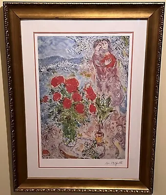 Marc Chagall  Red Bouquet With Lovers  Lithograph Signed Estate Collection • $399