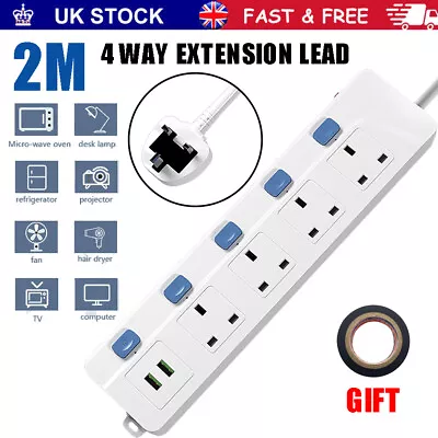 Surge Protected Extension Lead With 2 USB 4 Gang Way 2m Power Cable UK Plug • £10.99