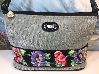 FEILER Vintage Handbag Purse Small Bucket 9x6 Grey Floral EUC Germany Authentic • $30.80