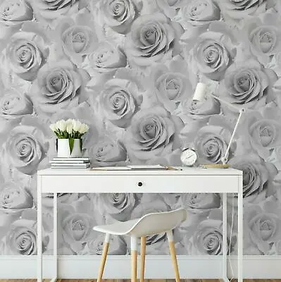 Muriva Bella Grey Flower Wall Rose Bloom 3D Effect Floral Designer Wallpaper • £9.99