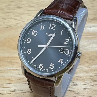 Timex Quartz Watch Men 30m Silver Black Indiglo Date Leather Band New Battery • $27.99