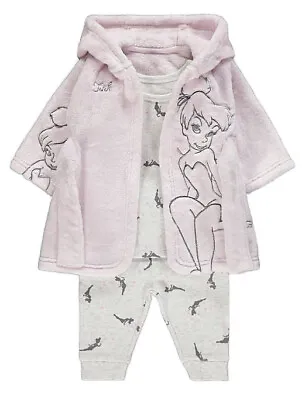 NEW George Baby Girl Disney Tinkerbell Pyjamas & Dressing Gown 3 Piece Set NEW • £22.99