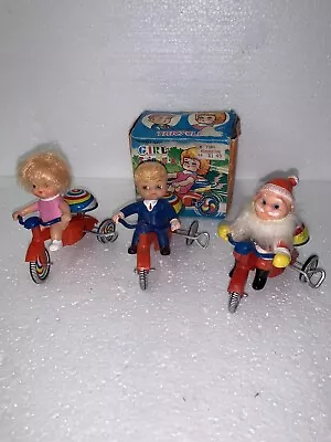 3pc Vintage S.U MTU Korea Tin Litho SANTA Boy Girl RIDING TRICYCLE Wind Up Toy • $19.99