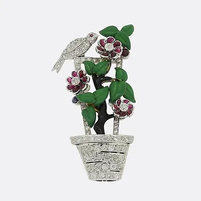 £13750 • Buy Art Deco Ruby And Diamond Flower Pot Brooch - Platinum