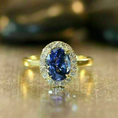 3Ct Oval Cut Blue Tanzanite Diamond Halo Ring Lab-Created 14K Yellow Gold Finish • $102.64