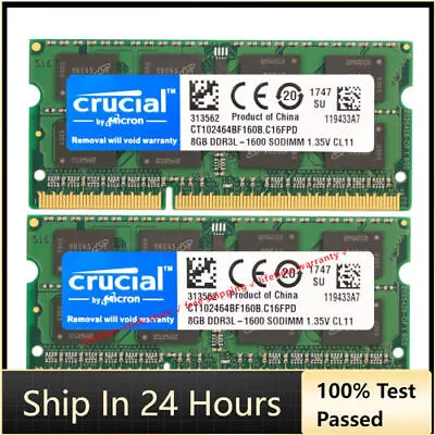 Crucial  DDR3 16GB 1600 2x 8GB PC3-12800 Laptop SODIMM Memory RAM PC3L 16G DDR3L • $21.95