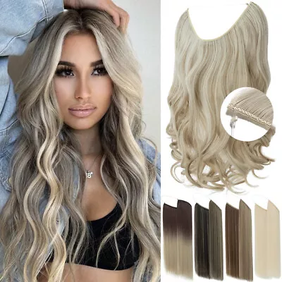 Invisible Wire Hair Extensions Highlights Wavy Curly Long Synthetic Hairpiece US • $13.43