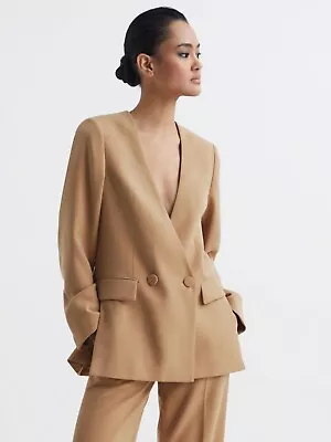 REISS Womens Neutral MARGEAUX COLLARLESS DOUBLE BREASTED SUIT BLAZER UK Size 8 • £89.99