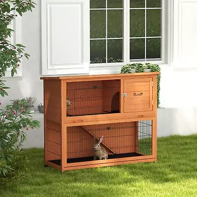 Two-Tier Rabbit Hutch 102cm Cage With Run Doors Tray Ramp Asphalt Roof • £101.99
