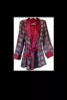 VTG 1950s Old Hollywood Glam Mens Satin Brocade Plaid Lounging Jacket W/ Belt S • $69.99