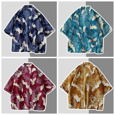 Men Ethnic Cardigan Retro Japanese Crane Pattern Yukata Kimono Coat Jacket Chic • £15.72