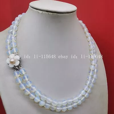 2 Rows 8mm White Facted Opal Round Gemstone Beads Necklace 17-18 Inches Handmade • $7.99