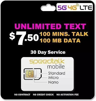 SpeedTalk Preloaded SIM Card Kit Unlimited Talk Text Data 5G 4G LTE • $7.50