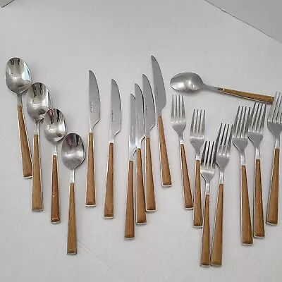 18 Piece Stainless Steel With Faux Wood Mid Century Modern Vibe • $16