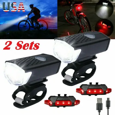 $9.99 • Buy 2 Sets USB Rechargeable LED Bicycle Headlight Bike Front Rear Lamp Cycling USA