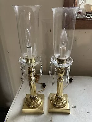 Pair 20”  Lead Crystal & Brass Column Buffet Boudoir Table Lamps With Prisms • $119