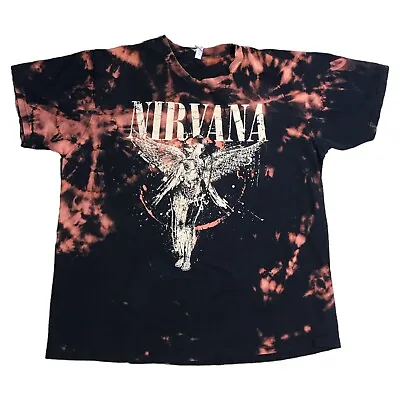 Nirvana T-Shirt Mens L Retro Graphic Acid Wash Tie Dye Angel In Utero Black Band • $25.43