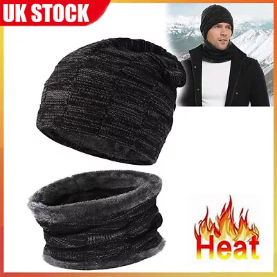 Men's Winter Beanie Hat And Scarf Set Warm Fleece Knitted Cap Unisex UK 2Pcs/Set • £2.99