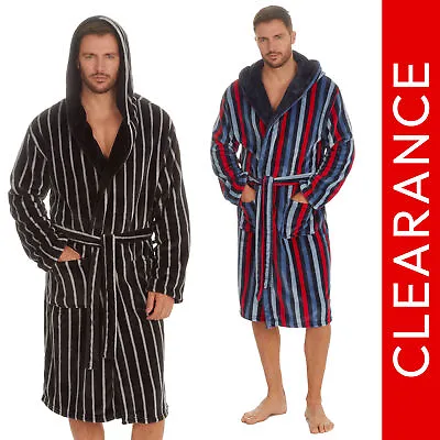 Mens Hooded Striped Flannel Fleece Robe Classic Black Navy Dressing Gown M-XXL • £14.99