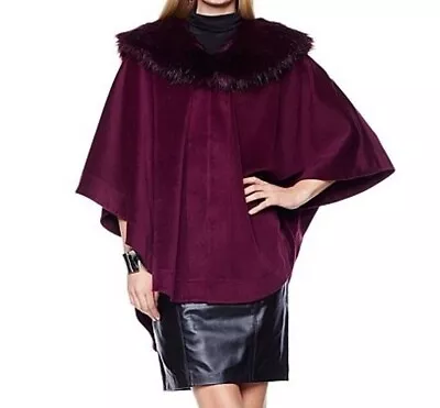 A By Adrienne Landau MERLOT Cashmere-Like Cape W/Removable Faux Fur Collar  $224 • $68