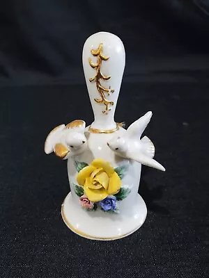 Vintage White Porcelain Bell Applied Birds Yellow Pink Blue Flowers Gold Trim  • $6