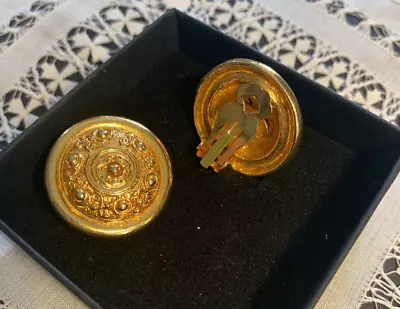 Maxine Denker Embossed Disk Clip-on Earrings Gold Color In Gift Box • $25