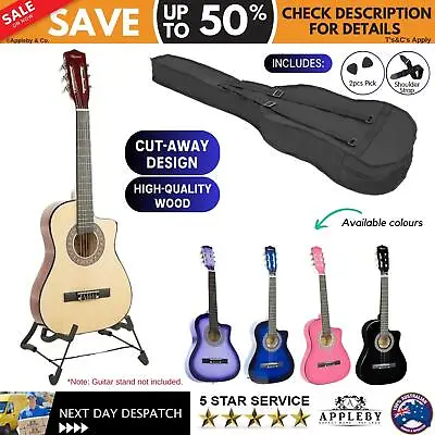 38in Cutaway Acoustic Guitar With Guitar Bag Black Blue Pink Multiple Colours • $71.47