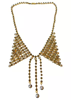 Vintage Rhinestones Necklace Bowtie Bib Faux Pearls • $21.24