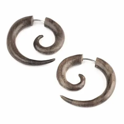 Fake Ear Stretcher Earrings Wood 25 Mm Round Spiral Tribal - 81stgeneration • £20.49