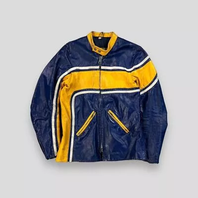 Vintage 70s Honda Racing Leather Cafe Racer Jacket Blue Yellow Small • £180