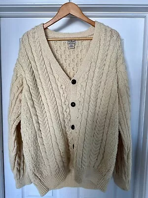 LL Bean Wool Fisherman Cardigan Sweater Mens XL Cream Cable Knit Ireland - Vint. • $45