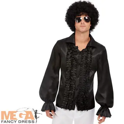 60s Black Ruffled Shirt Mens Fancy Dress 70s Groovy Disco Adults Costume Top  • £17.99