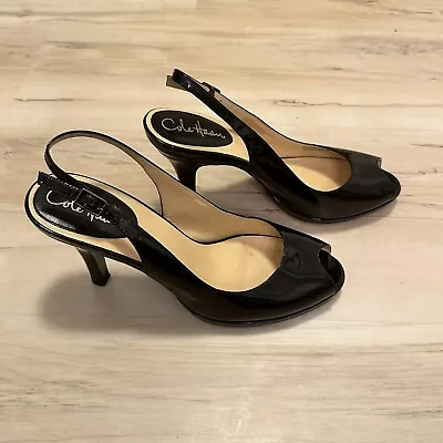 COLE HAAN Women 9.5B Heel Slingback Patent Leather Peep Toe Pumps Black • $29.99