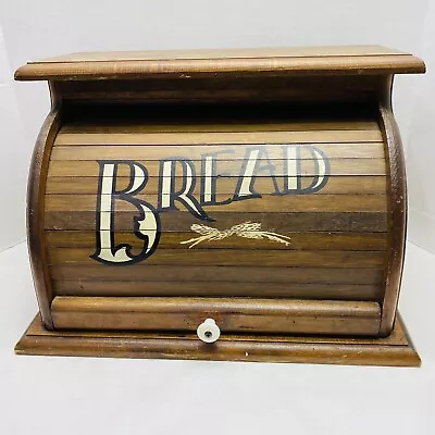 Vintage Wood Roll Top Bread Box Rustic Farmhouse Country Kitchen Countertop 18  • $54.99