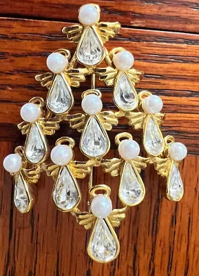 Vintage Signed BW Christmas Angel Tree Brooch Teardrop Rhinestone Faux Pearls • $25.99