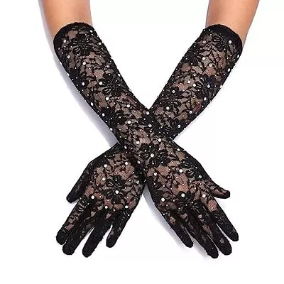 GEMILY Lace Gloves Fashion Rhinestone Fishnet Gloves Black Long Flowers Sparkly • $21.99