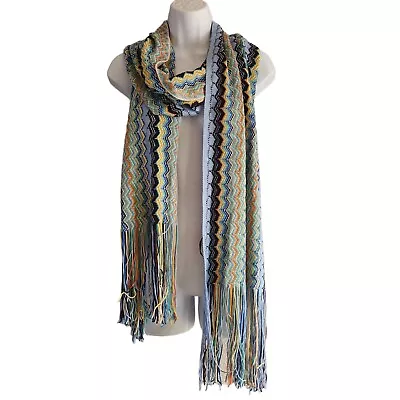 Missoni Wool Blend Multi Color Chevron Stripe Zig Zag Print Fringe Long Scarf • $79.95