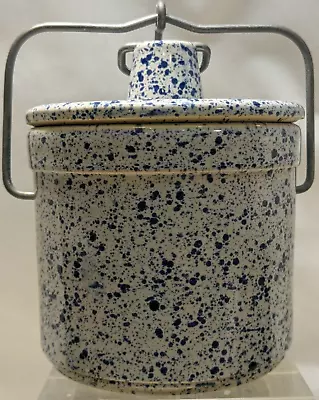 BLUE SPECKLED STONEWARE CROCK W/ WIRE BAIL LID CLOSURE  6 Ht X 4 D In • $16.09