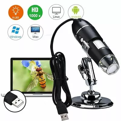 8LED 1000X 3MP USB Digital Microscope Endoscope Magnifier Camera W/ Stand Black • $14.93