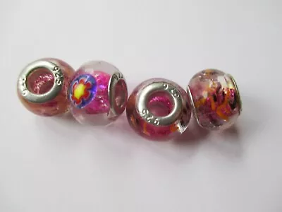 925 Silver Pandora Murano STYLE Glass Beads- Pink - Set Of 4- New • £10