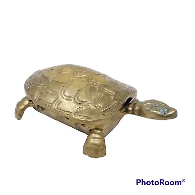 Vintage Solid Brass Turtle Trinket Box 6  Detail Box Hinged Gold Distressed • $5