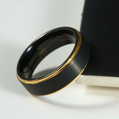 Tungsten Men's Wedding Ring Gold Edge Band Black 8MM 6-14 • $19.97