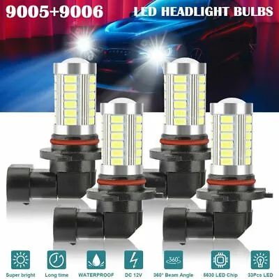 4x 9005+9006 LED Headlight Combo High Low Beam Bulbs Kit Super White Bright Lamp • $10.99